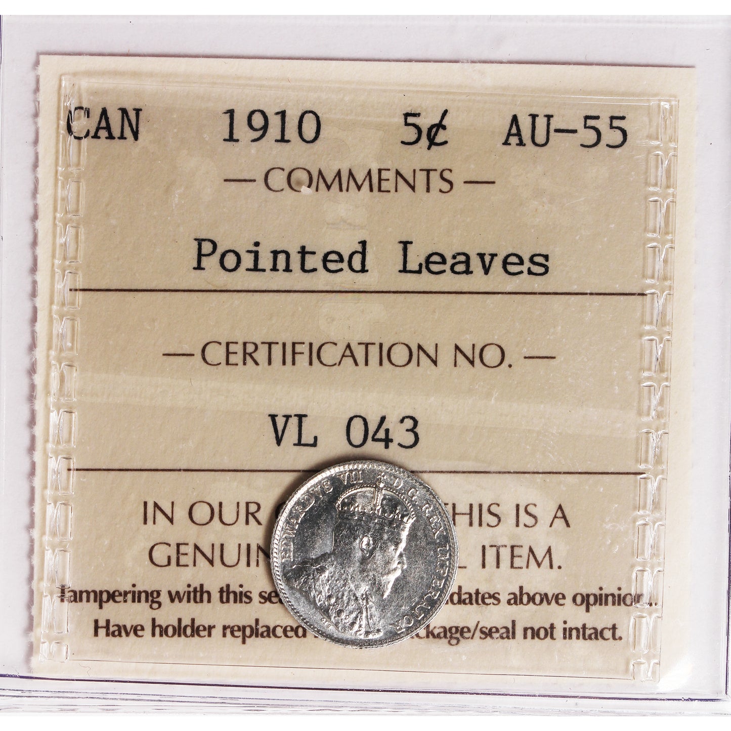 1910 Pointed Leaves Canada 5-cents ICCS Certified AU55