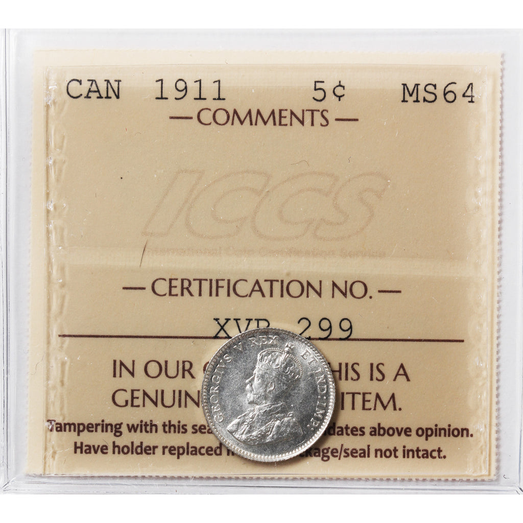 1911 Canada 5-cents ICCS Certified MS64 (XVR 299)