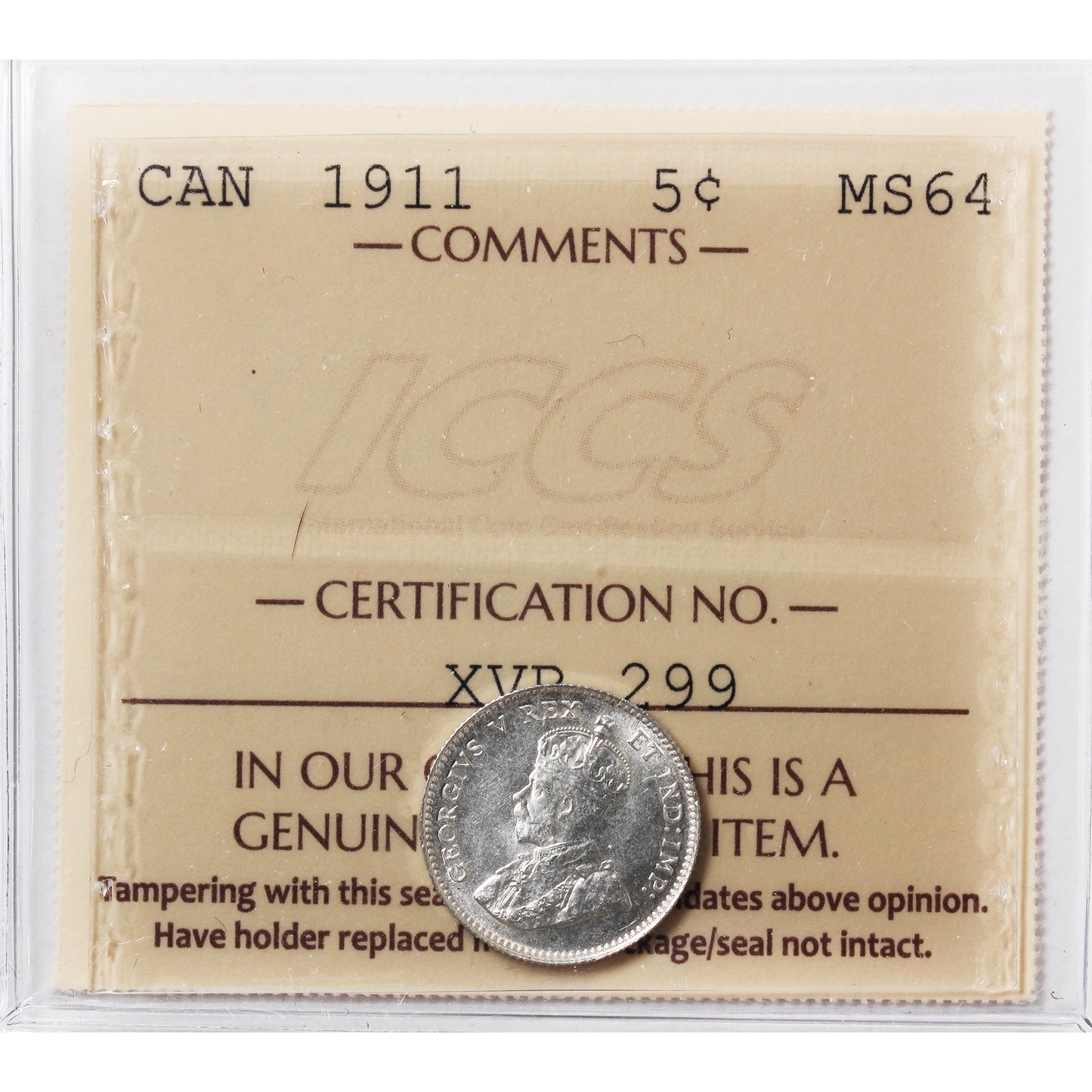 1911 Canada 5-cents ICCS Certified MS64 (XVR 299)