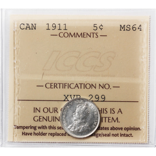 1911 Canada 5-cents ICCS Certified MS-64 (XVR 299)