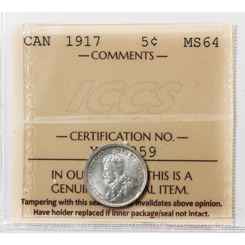 1917 Canada 5-cents ICCS Certified MS64 (XHT 259)