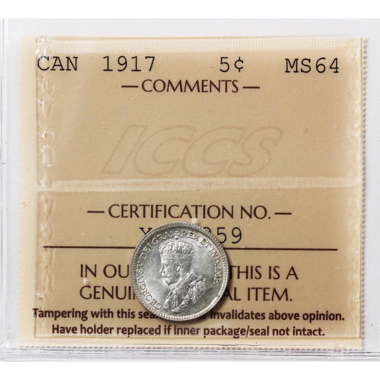 1917 Canada 5-cents ICCS Certified MS64 (XHT 259)