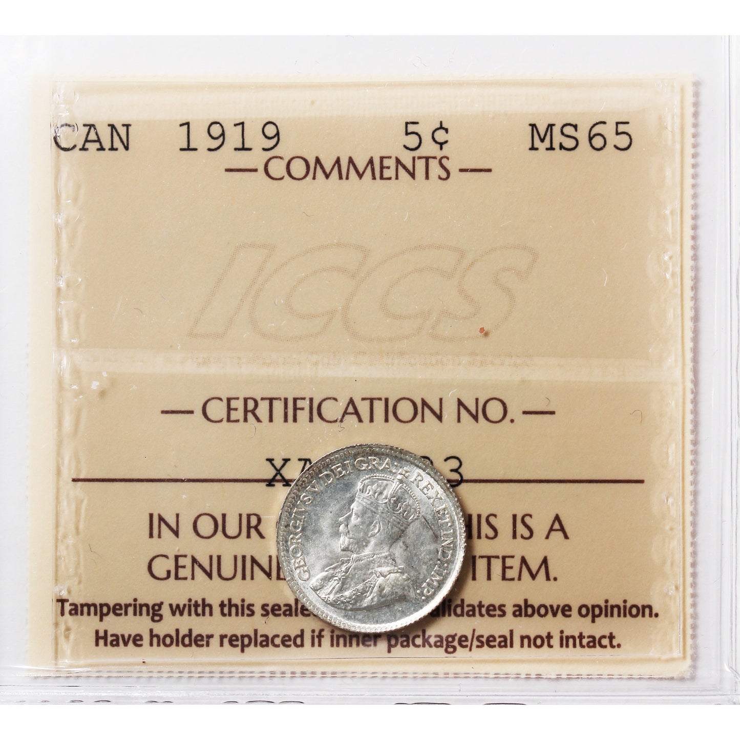 1919 Canada 5-cents ICCS Certified MS65 (XAM 223)
