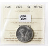 1922 Far Rim Canada 5-cents ICCS Certified MS-62 (XPJ 633)