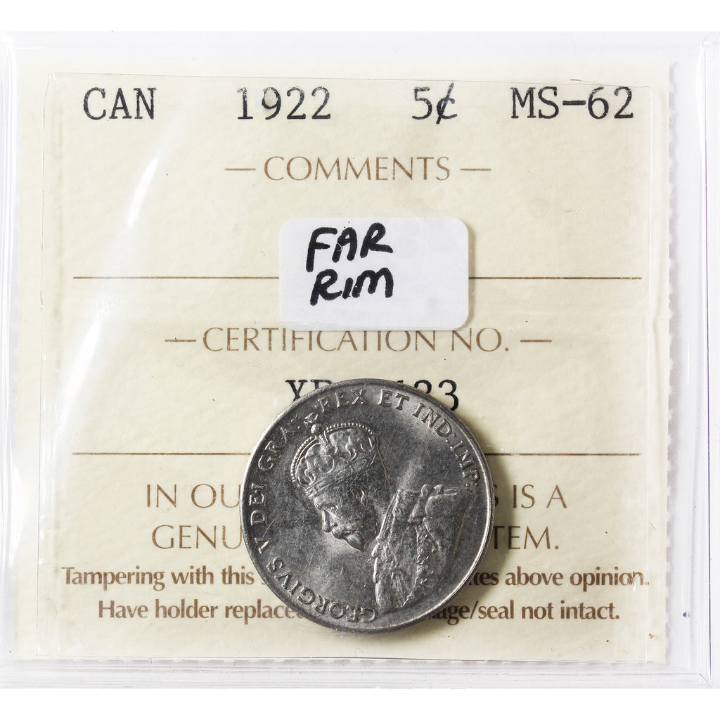 1922 Far Rim Canada 5-cents ICCS Certified MS-62 (XPJ 633)