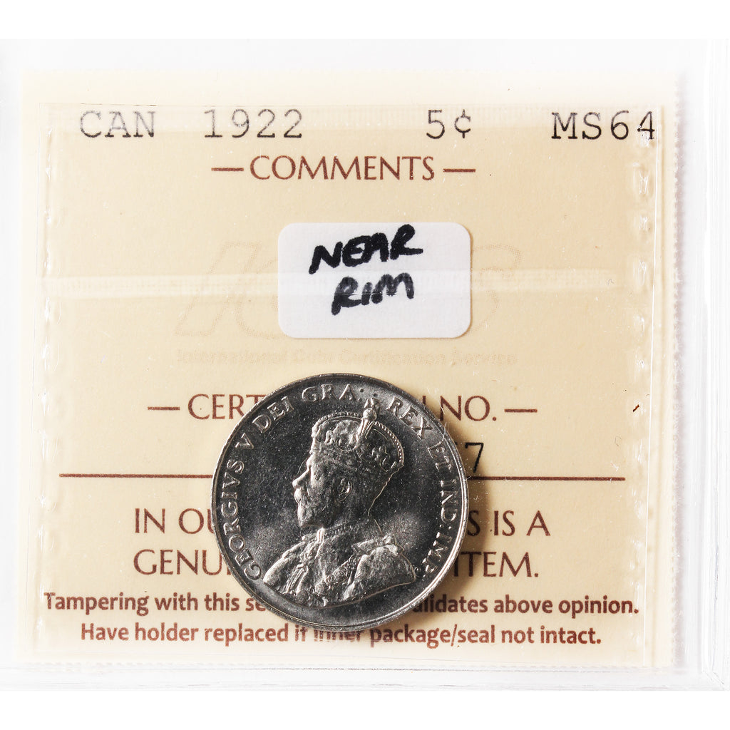 1922 Near Rim Canada 5-cents ICCS Certified MS-64 (XHT 267)