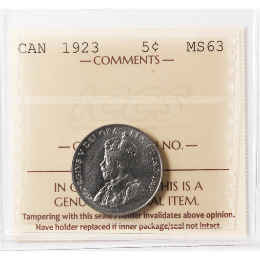 1923 Canada 5-cents ICCS Certified MS-63 (XHT 268)