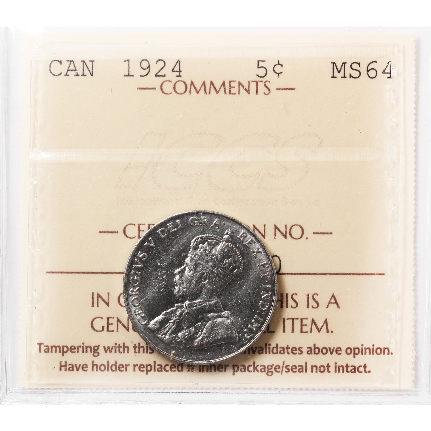 1924 Canada 5-cents ICCS Certified MS-64 (XHT 270)