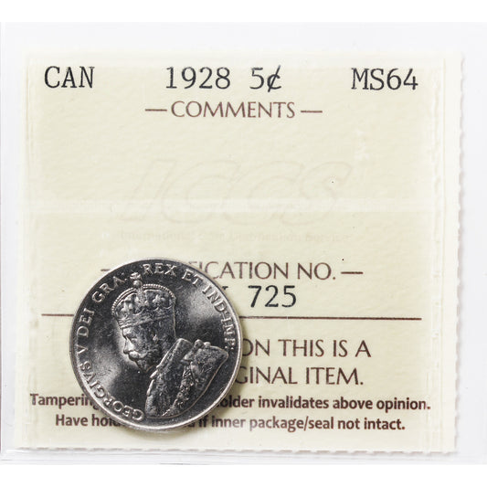 1928 Canada 5-cents ICCS Certified MS64 (XQX 725)