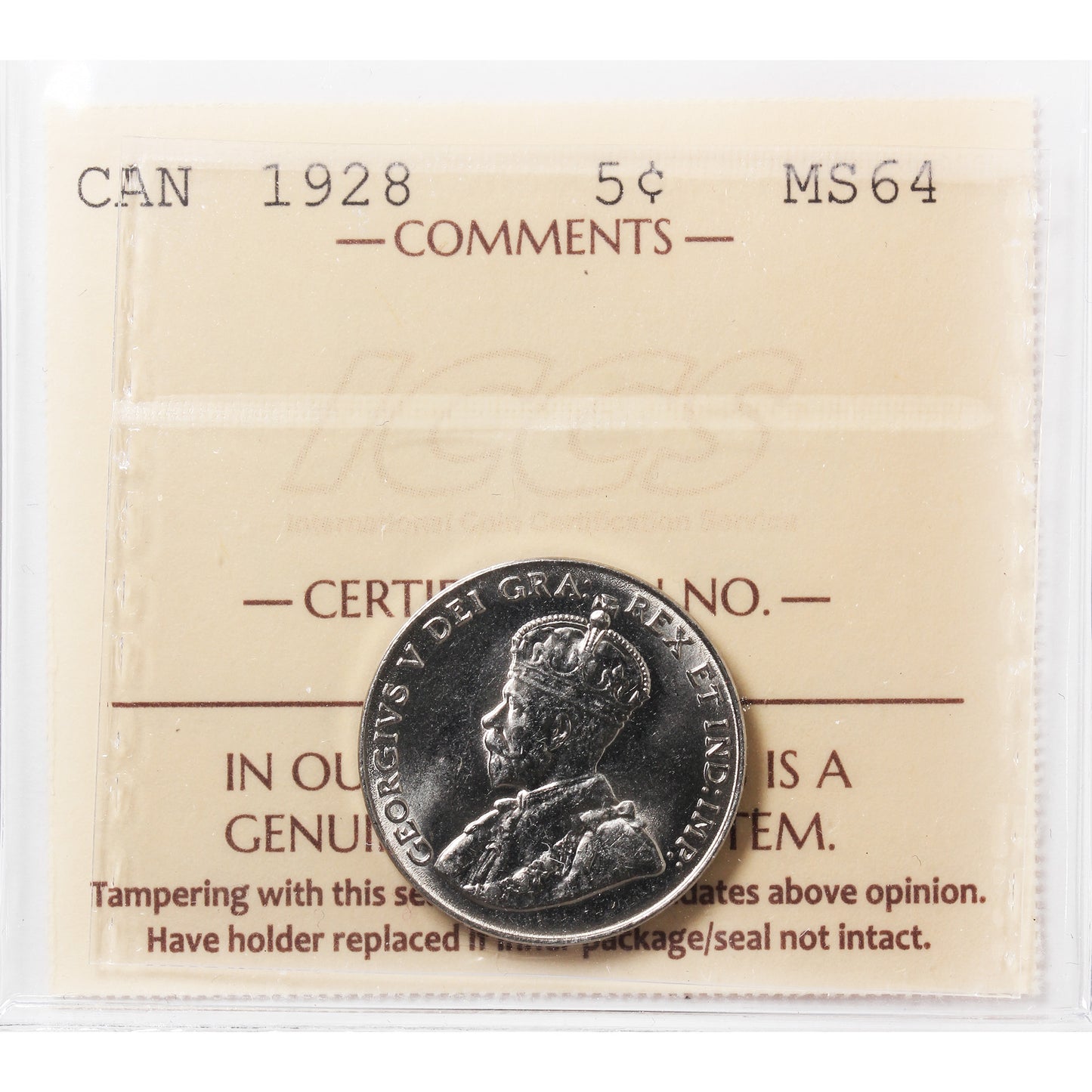 1928 Canada 5-cents ICCS Certified MS64 (XHT 280)