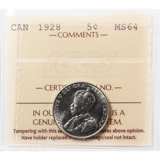 1928 Canada 5-cents ICCS Certified MS64 (XHT 280)