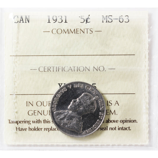 1931 Canada 5-cents ICCS Certified MS-63 (XHG 315)