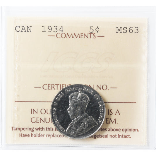 1934 Canada 5-cents ICCS Certified MS63 (XVR 309)
