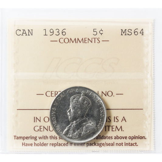 1936 Canada 5-cents ICCS Certified MS64 (XHT 292)