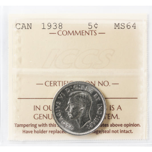 1938 Canada 5-cents ICCS Certified MS64 (XHT 311)