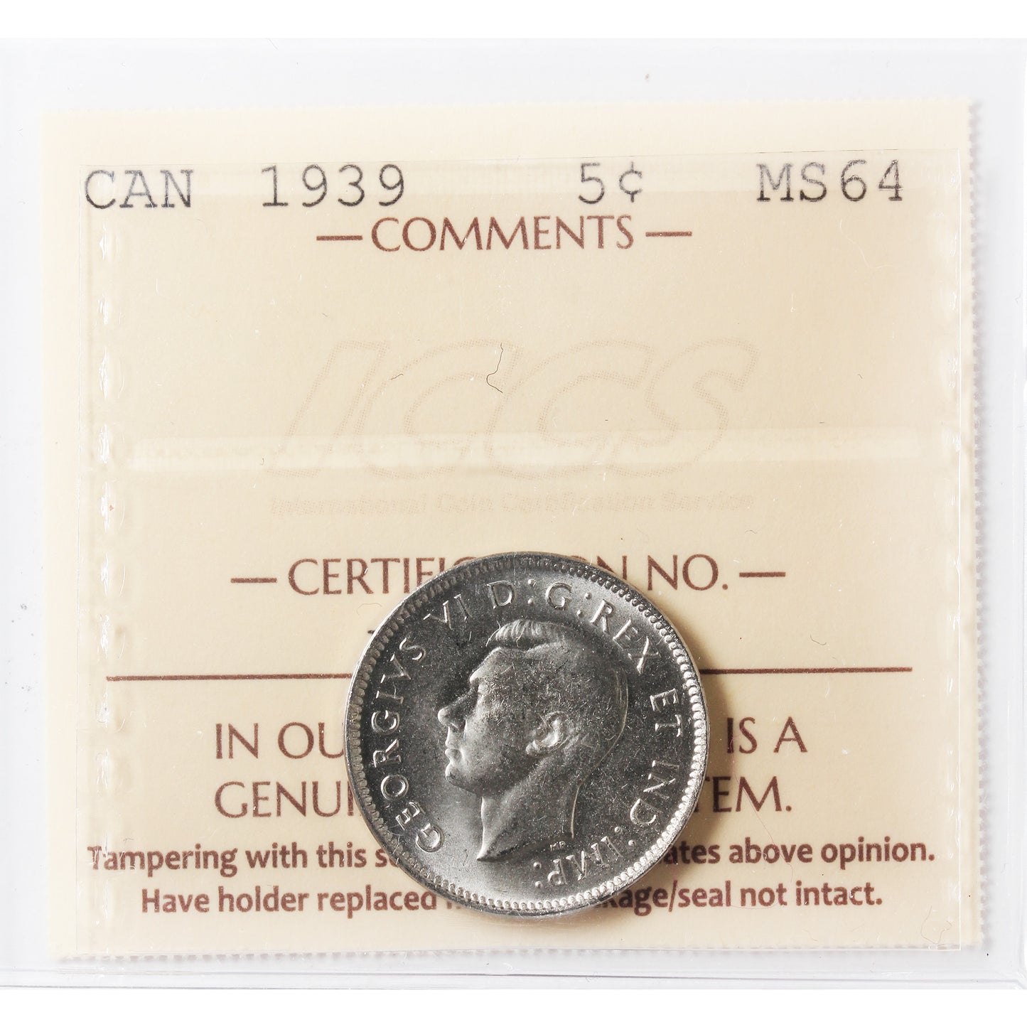 1939 Canada 5-cents ICCS Certified MS64