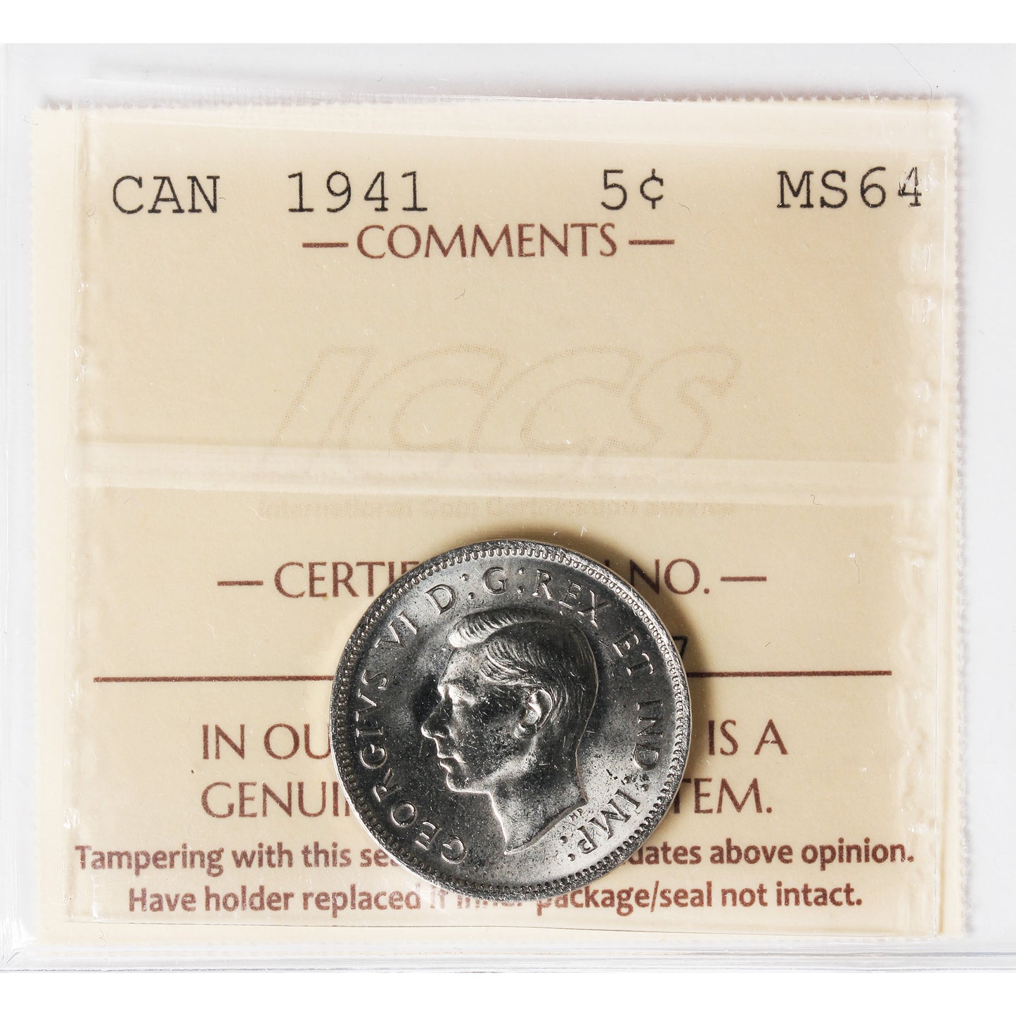 1941 Canada 5-cents ICCS Certified MS64 (XHT 327)