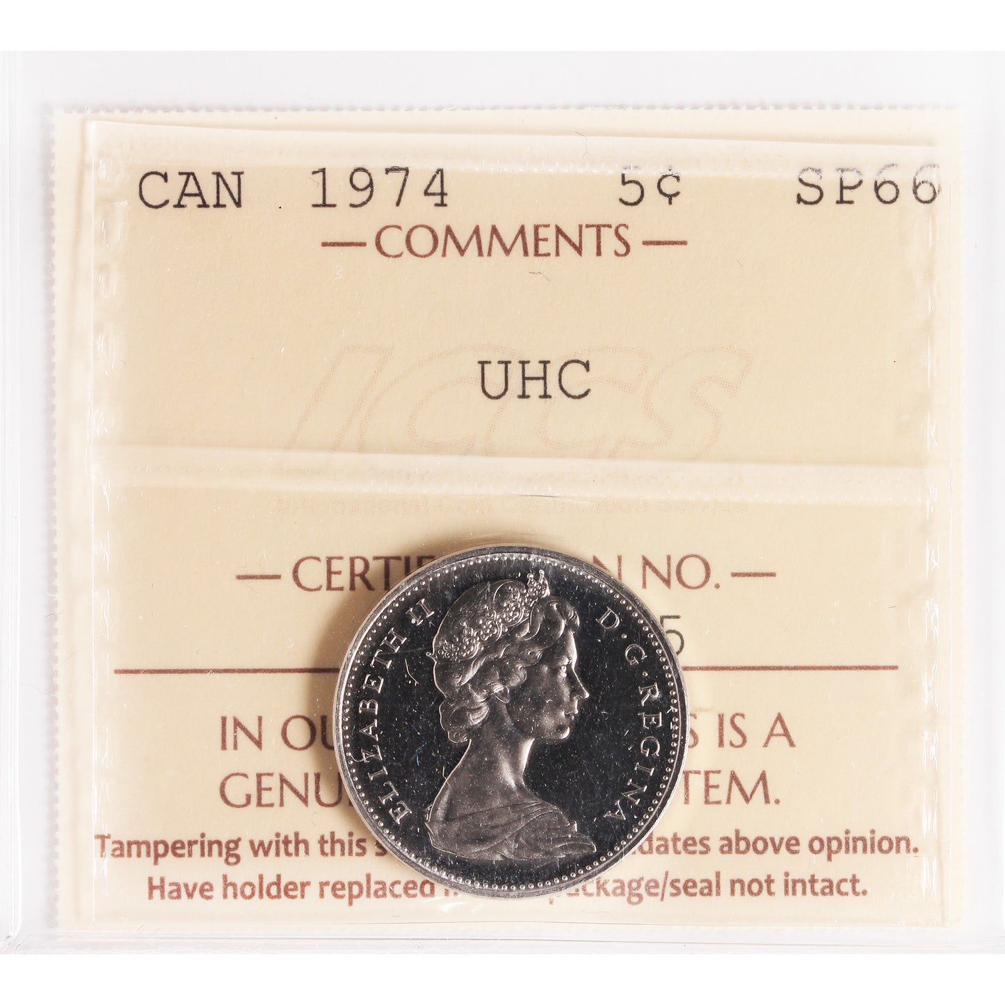 1974 Canada 5-cents ICCS Certified SP66 Ultra Heavy Cameo