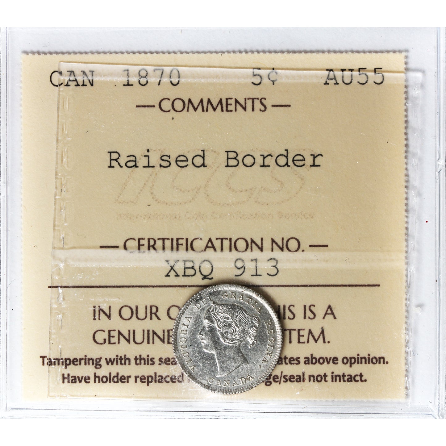 1870 Raised Border Canada 5-cents ICCS Certified AU55