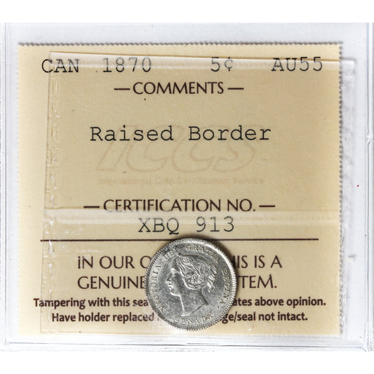 1870 Raised Border Canada 5-cents ICCS Certified AU55