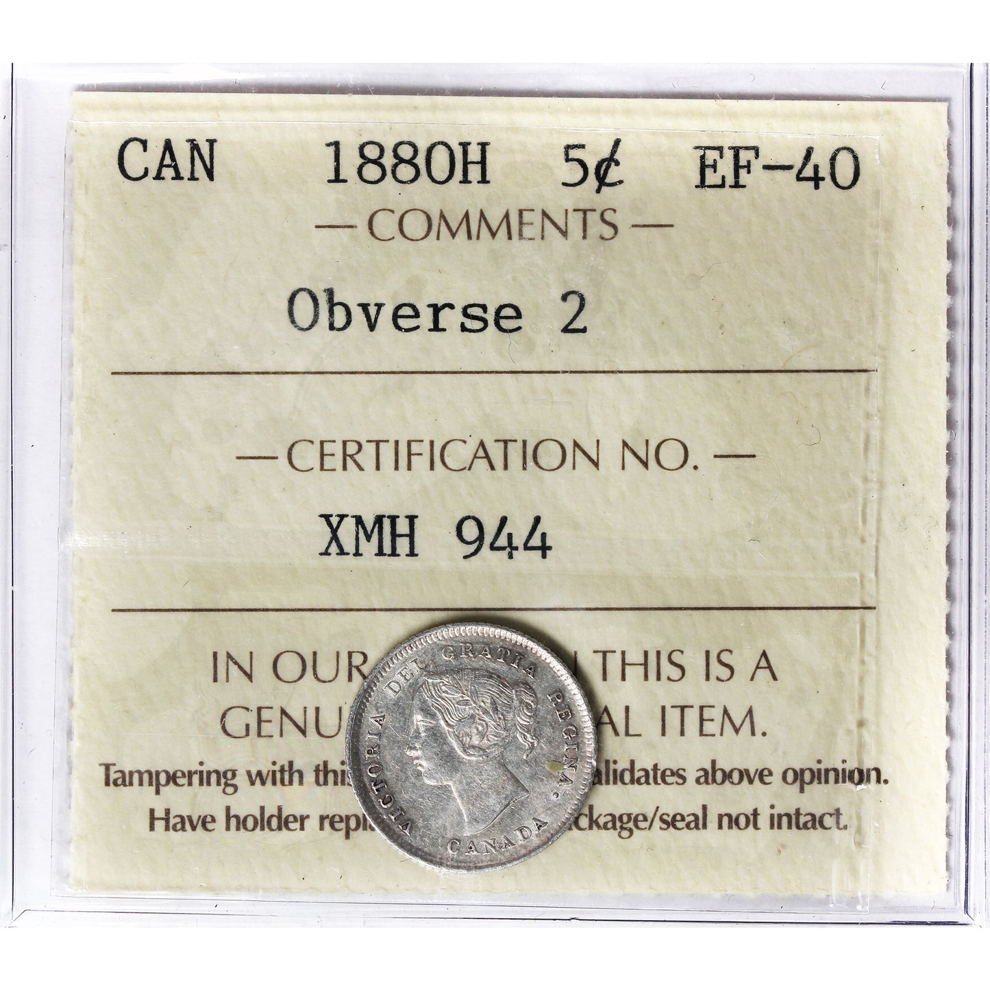 1880H Obv. 2 Canada 5-cents ICCS Certified EF40