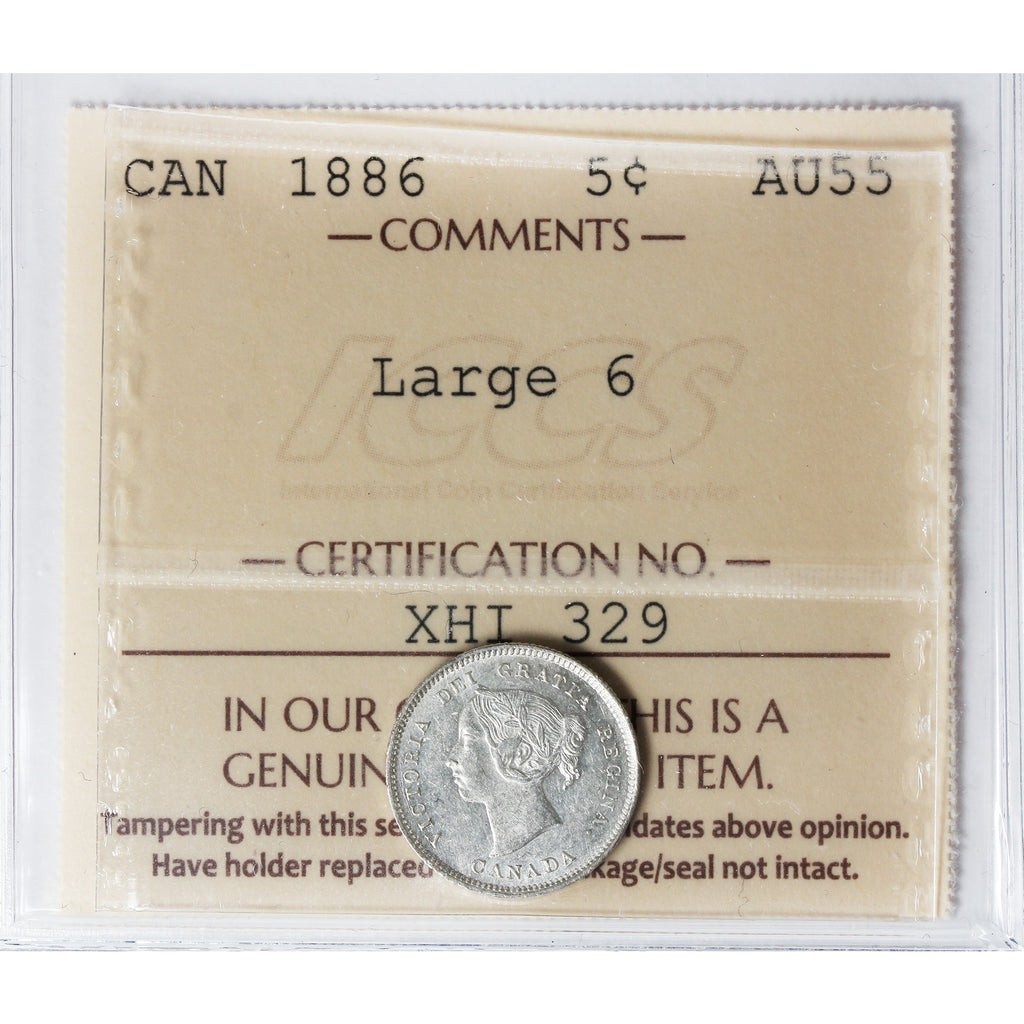 1886 Large 6 Canada 5-cents ICCS Certified AU55