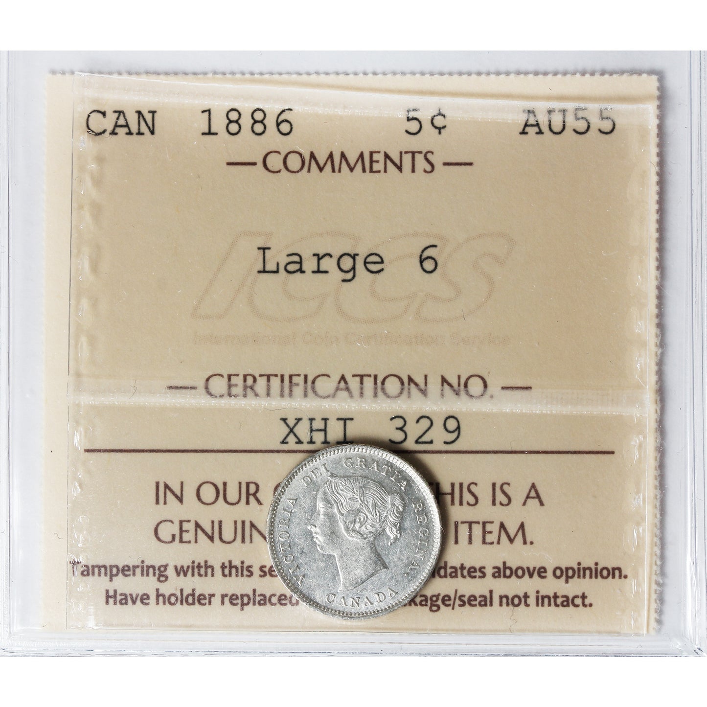 1886 Large 6 Canada 5-cents ICCS Certified AU55