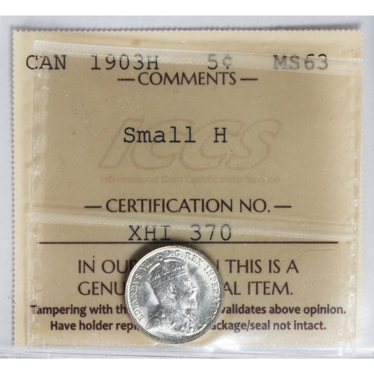 1903H Small H Canada 5-cents ICCS Certified MS63 (XHI 370)