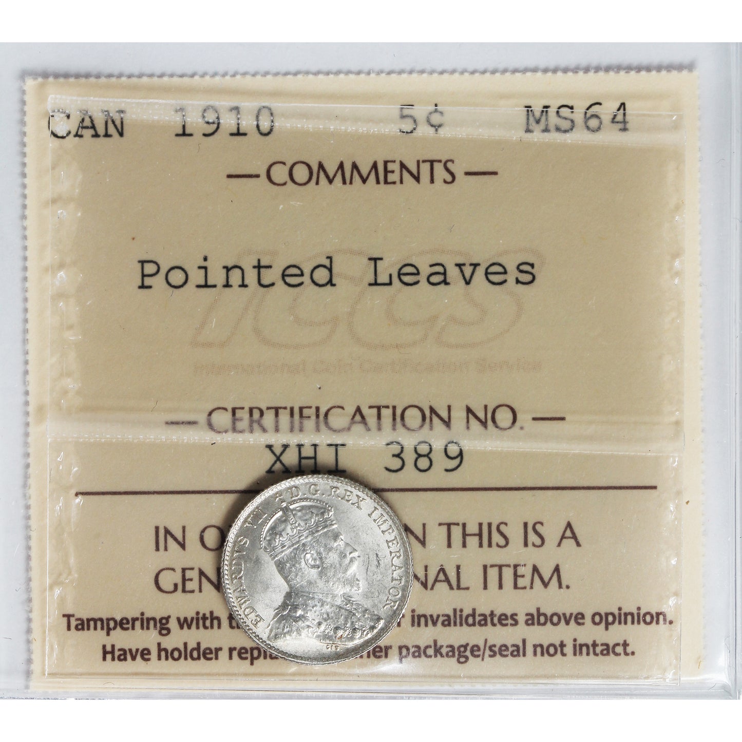 1910 Pointed Leaves Canada 5-cents ICCS Certified MS64 (XHT 389)