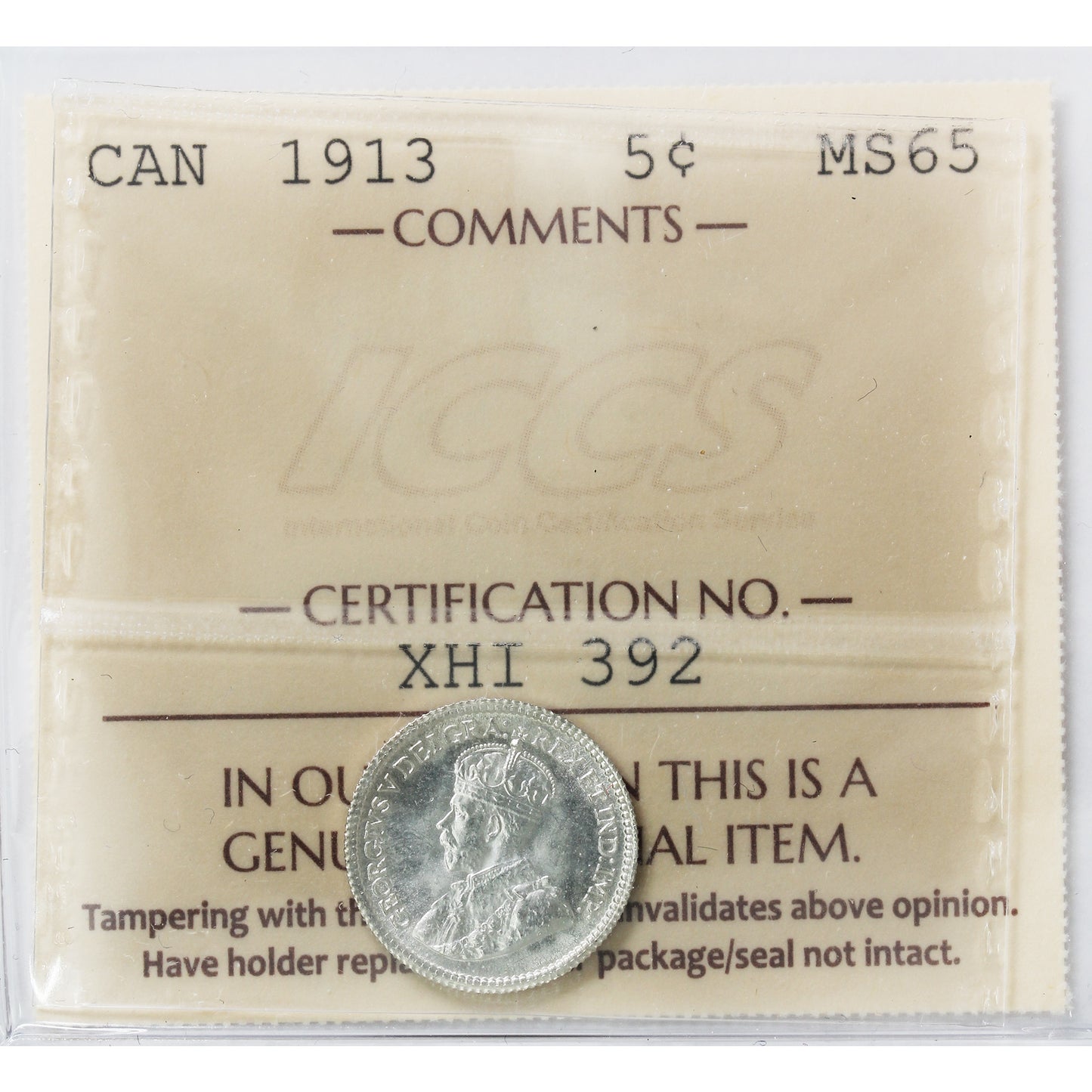 1913 Canada 5-cents ICCS Certified MS65 (XHT 392)