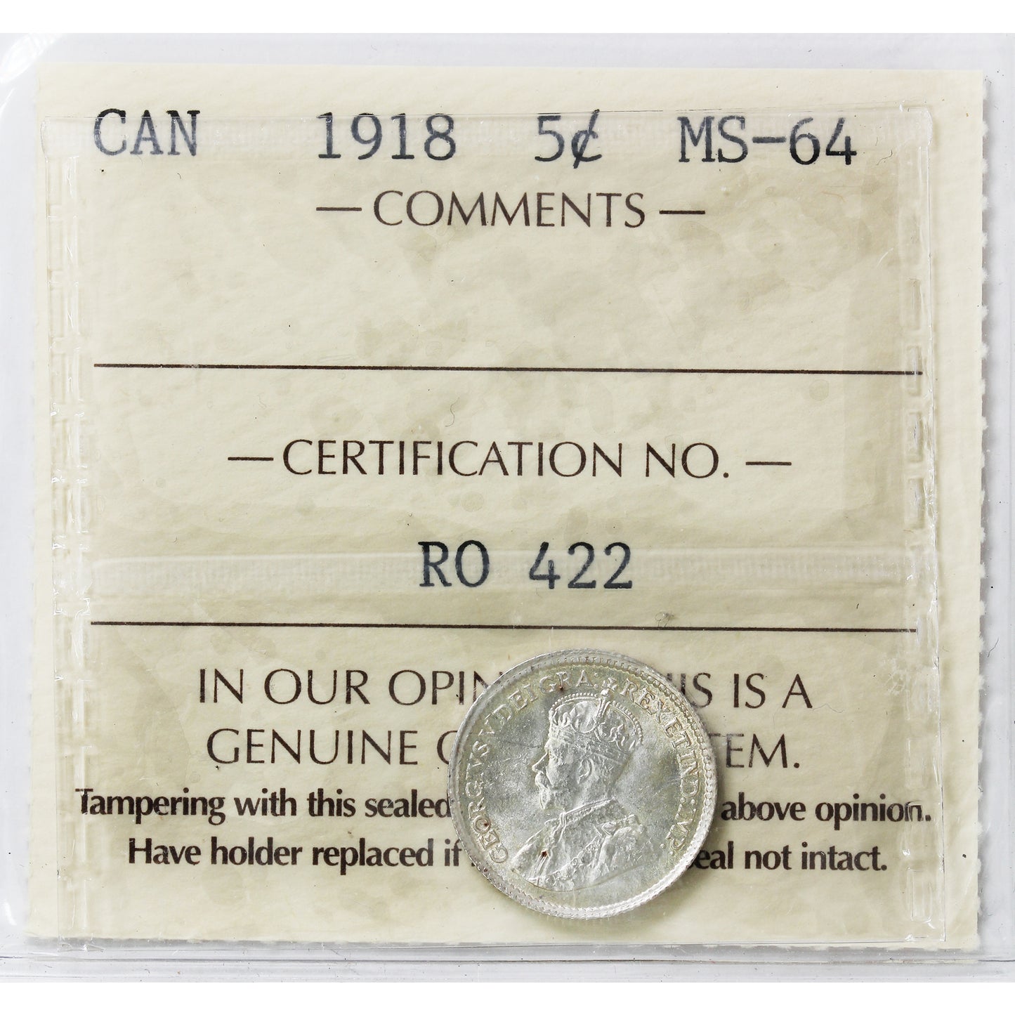 1918 Canada 5-cents ICCS Certified MS64
