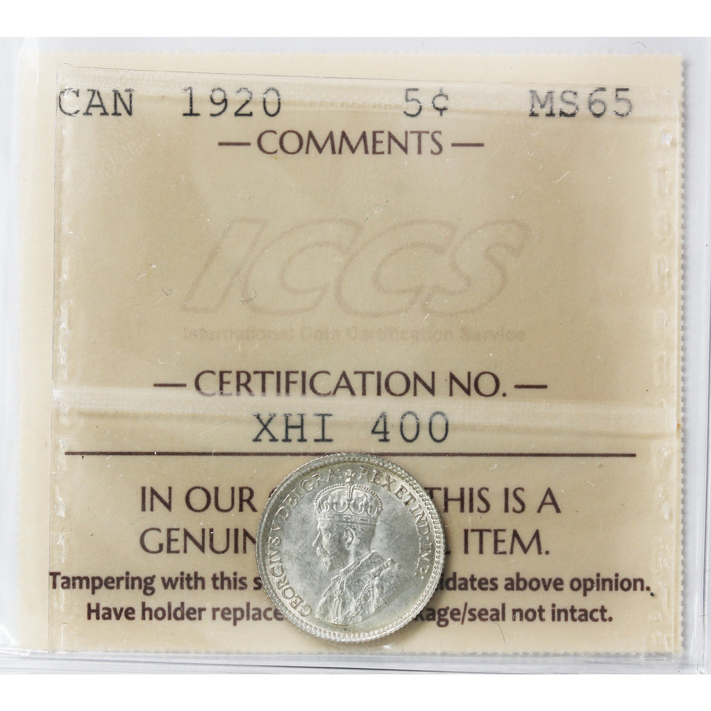 1920 Canada 5-cents ICCS Certified MS65 (XHI 400)