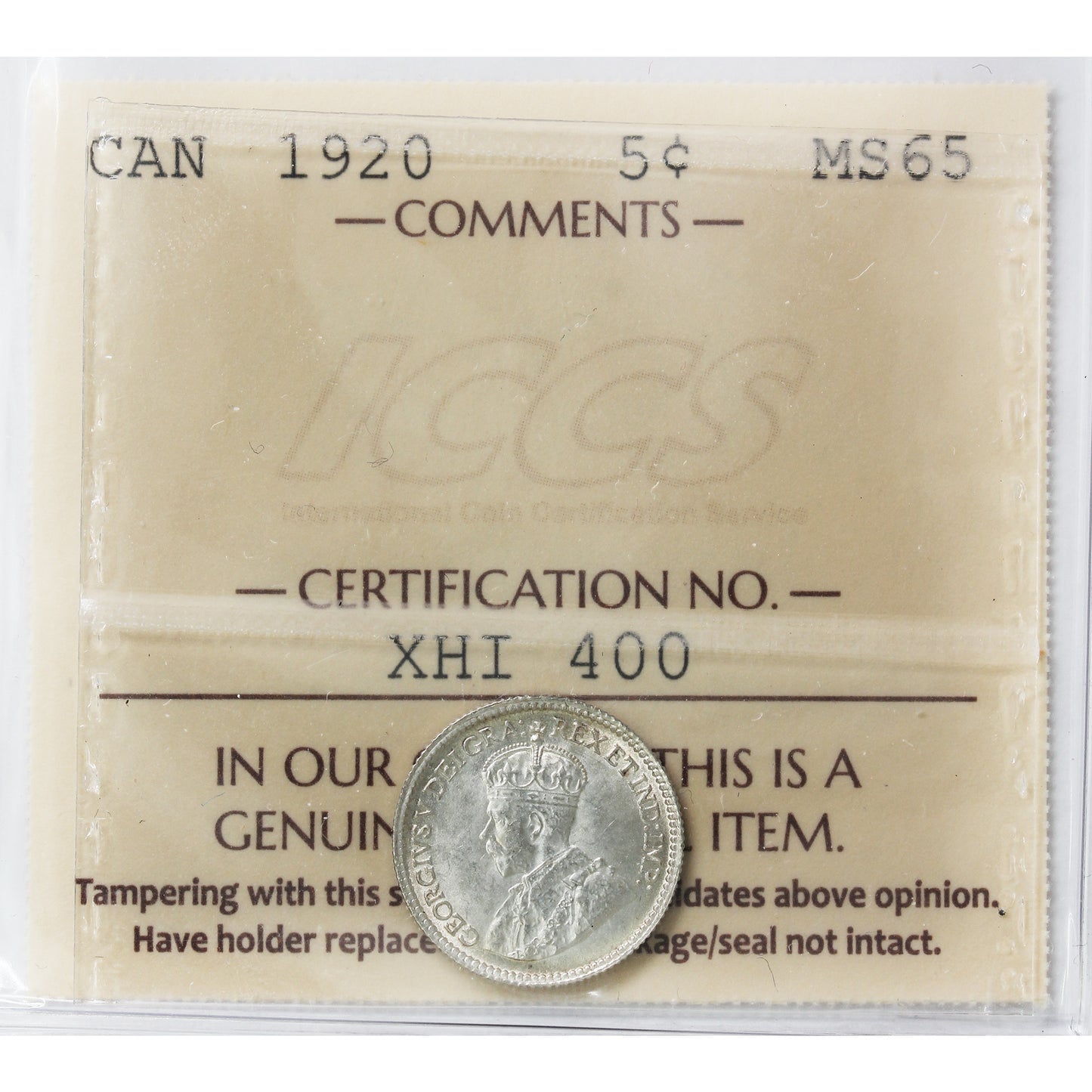 1920 Canada 5-cents ICCS Certified MS65 (XHI 400)