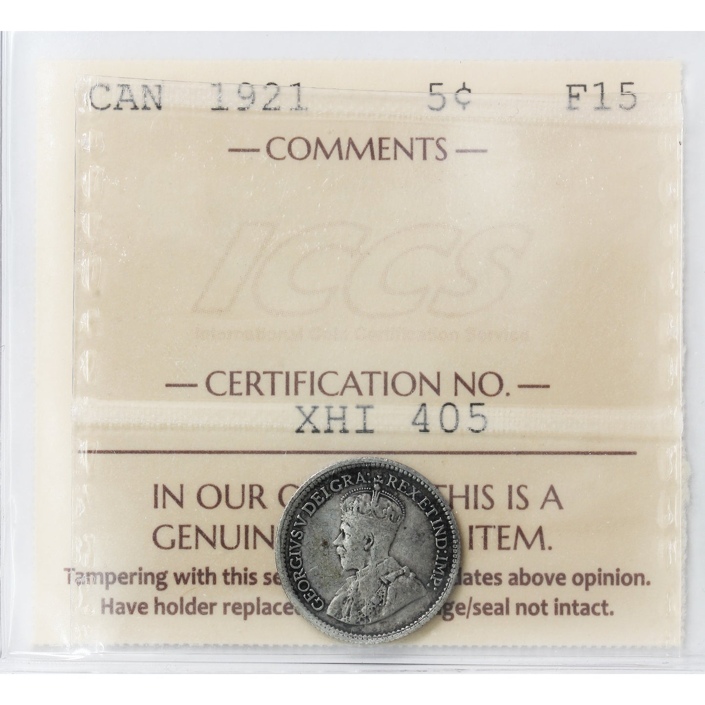 1921 Canada 5-cents ICCS Certified F15 (XHI 405) RARE
