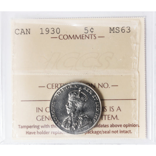 1930 Canada 5-cents ICCS Certified MS-63 (XHI 407)
