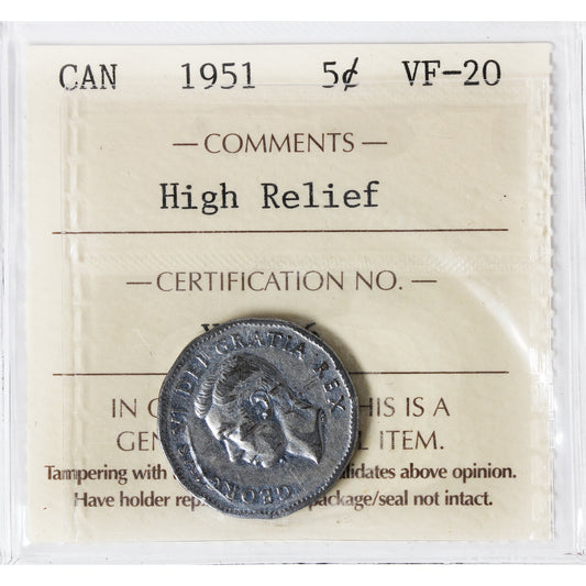1951 High Relief Canada 5-cents ICCS Certified VF-20