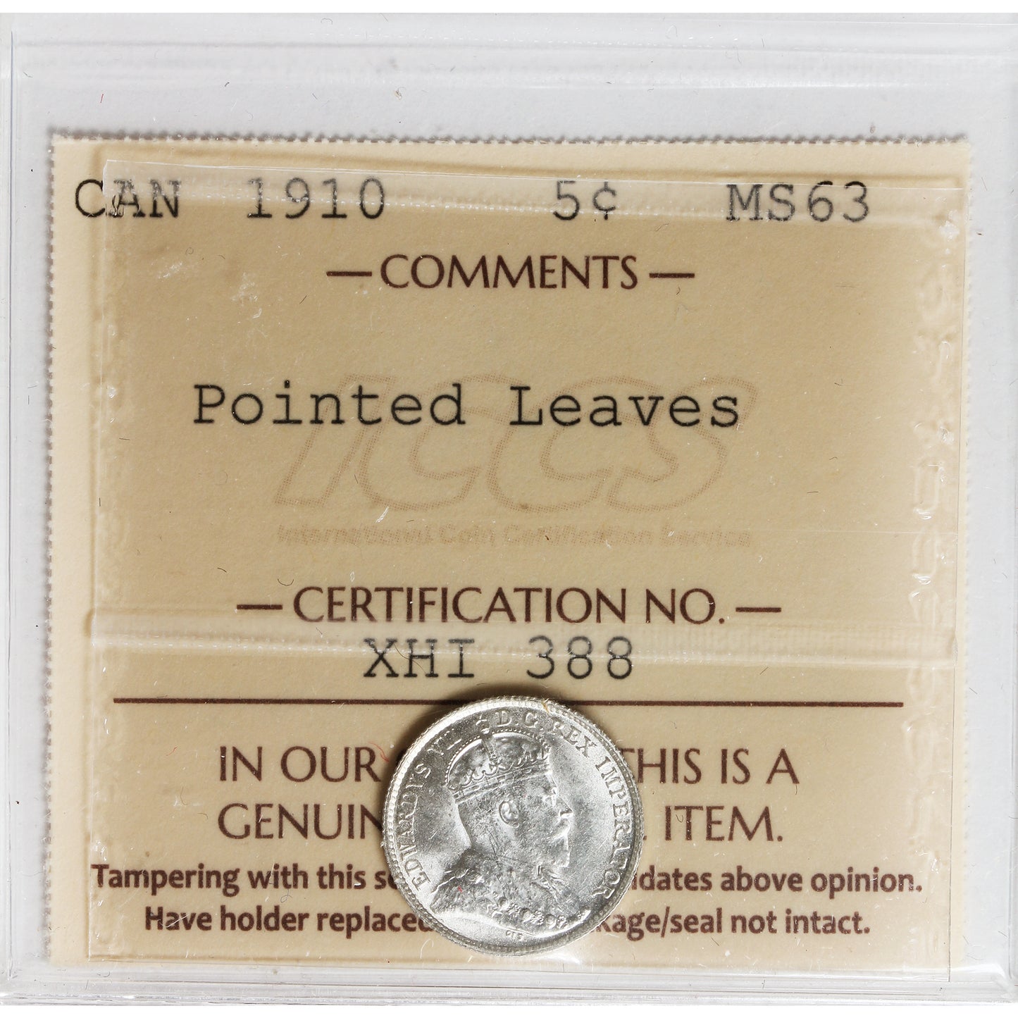 1910 Pointed Leaves Canada 5-cents ICCS Certified MS63