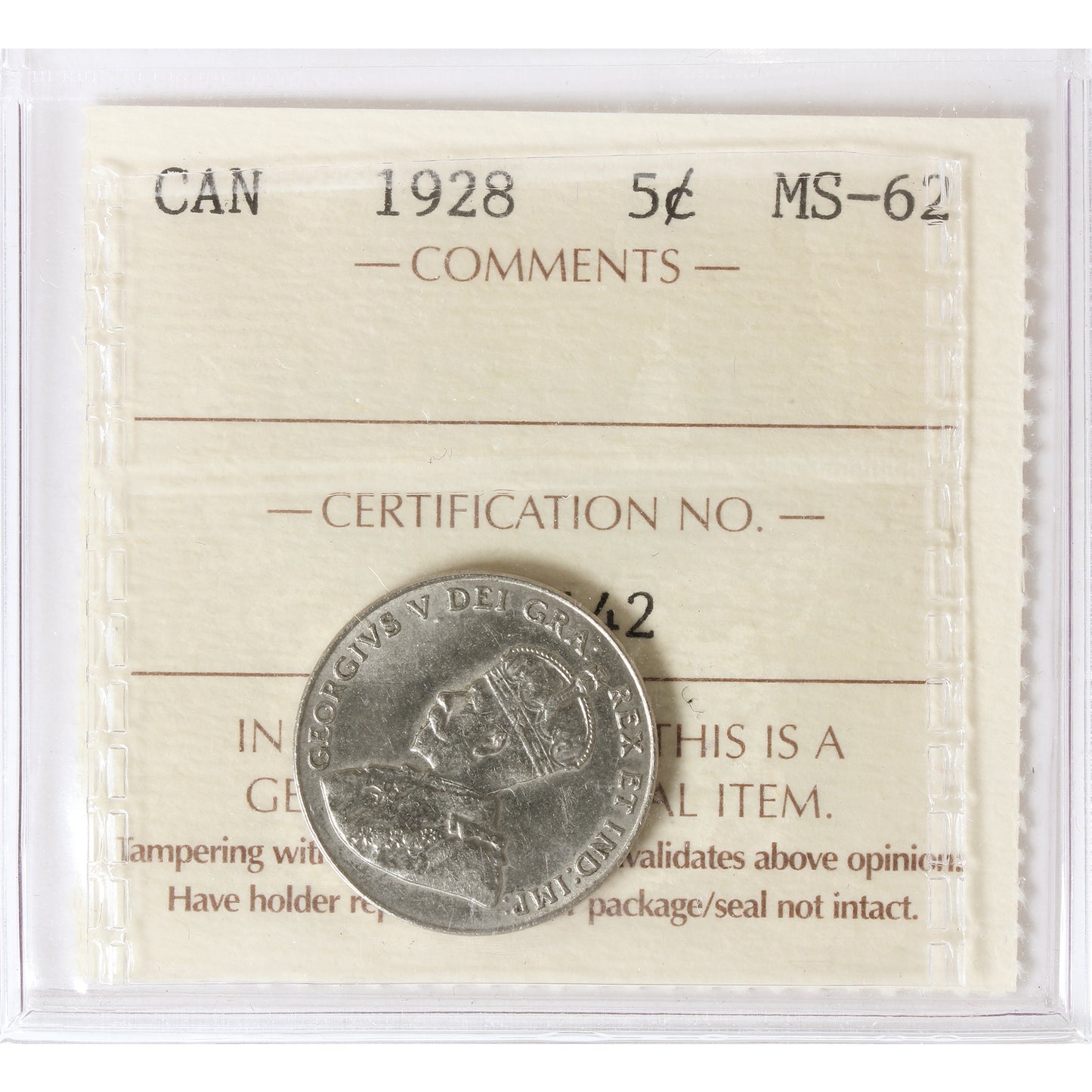 1928 Canada 5-cents ICCS Certified MS62
