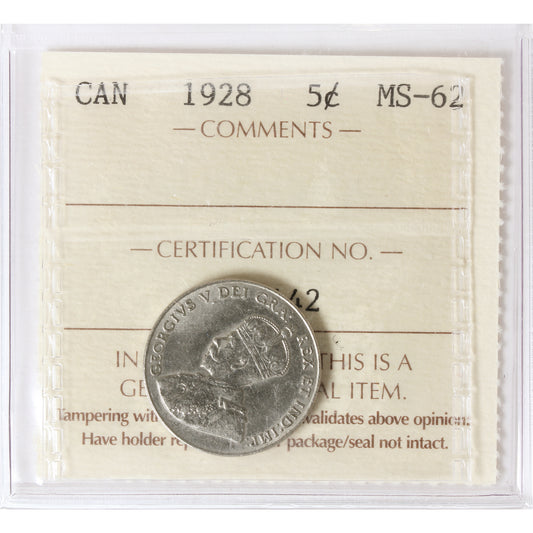 1928 Canada 5-cents ICCS Certified MS62