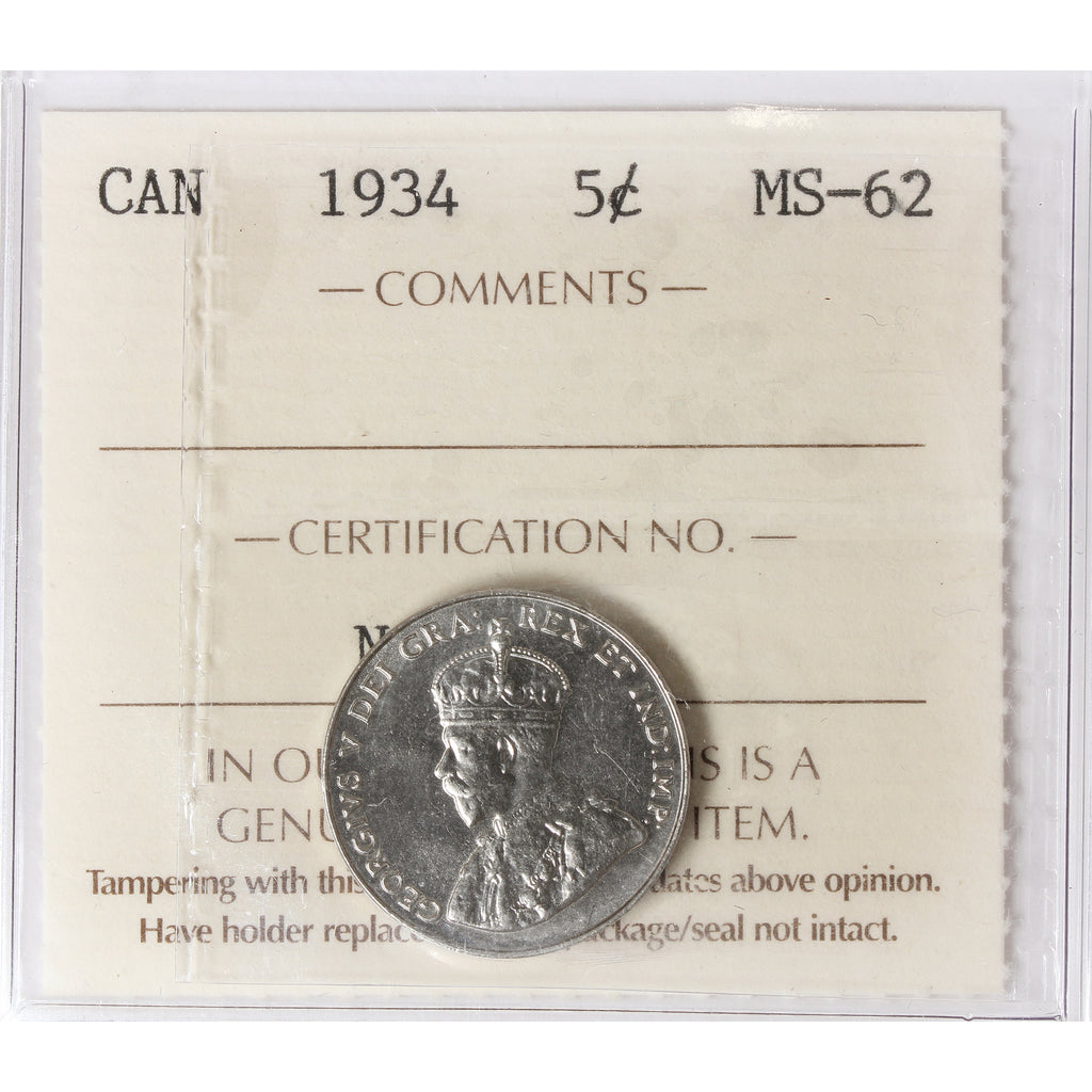 1934 Canada 5-cents ICCS Certified MS62