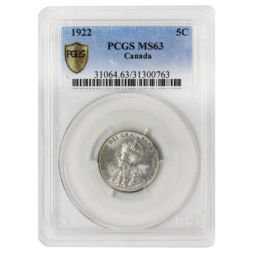 1922 Near Rim Canada 5-cents PCGS Certified MS63