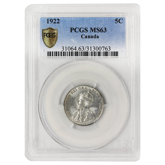 1922 Near Rim Canada 5-cents PCGS Certified MS63