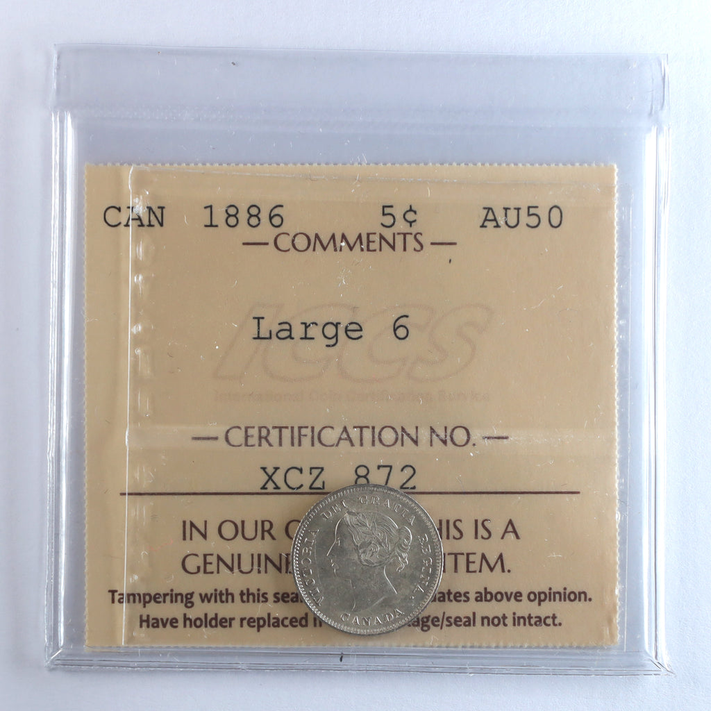 1886 Large 6 Canada 5-cents ICCS Certified AU50