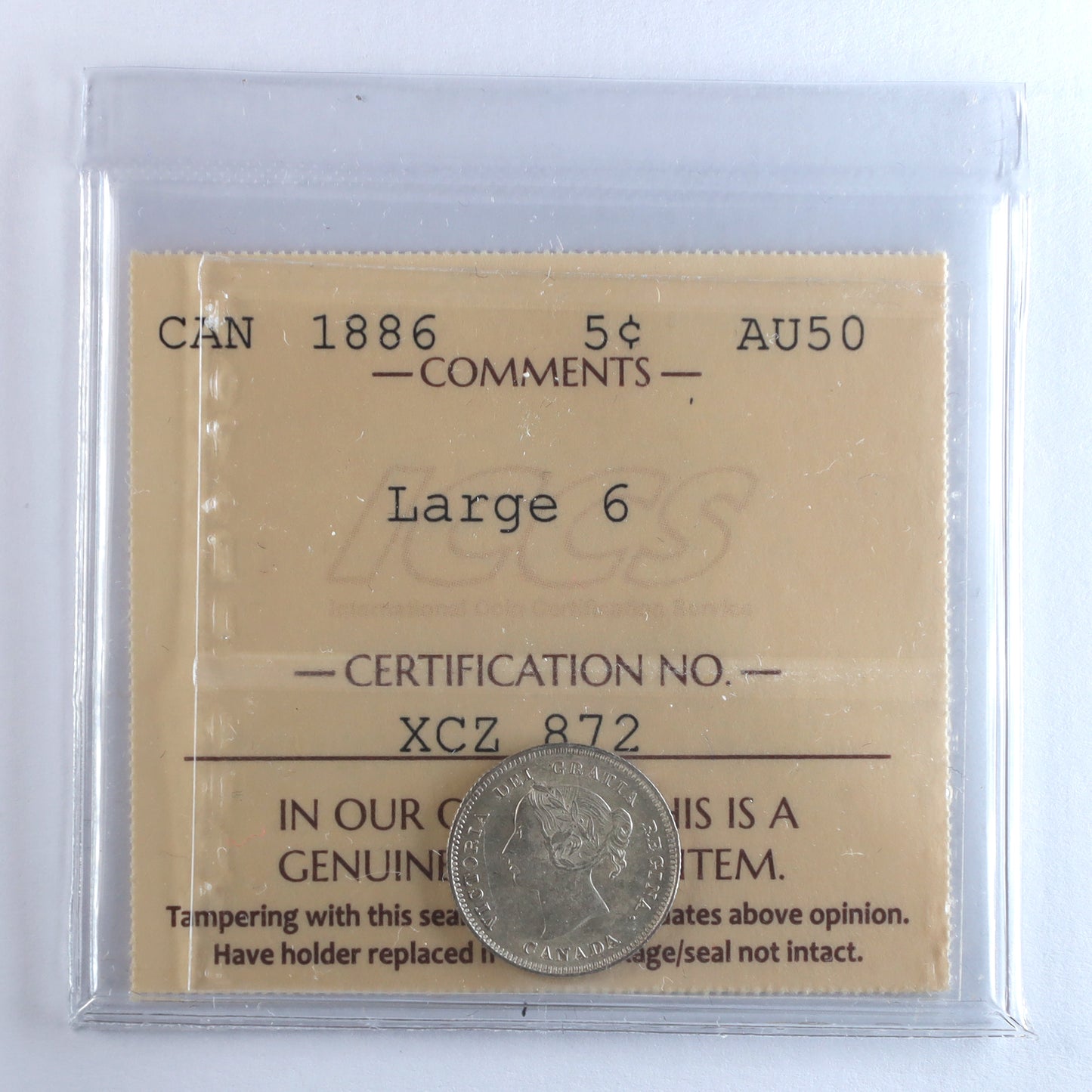 1886 Large 6 Canada 5-cents ICCS Certified AU50