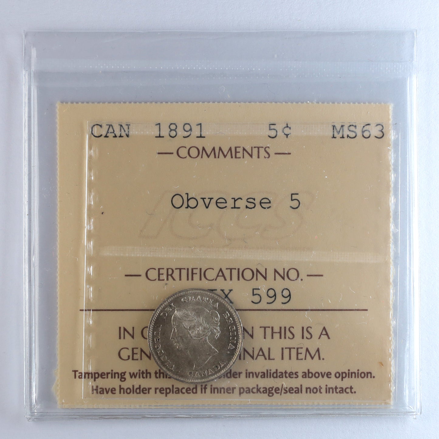1891 Obv. 5 Canada 5-cents ICCS Certified MS63 (XIX 599)