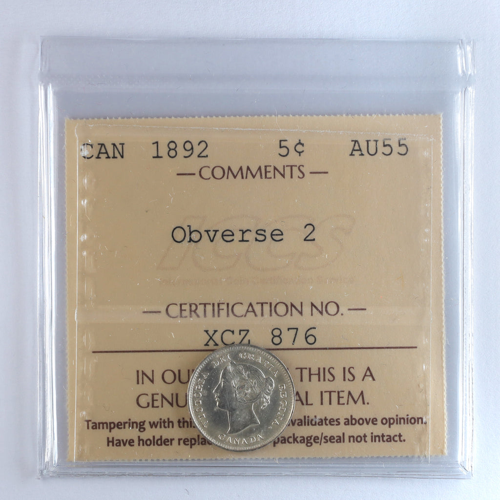 1892 Obv. 2 Canada 5-cents ICCS Certified AU55
