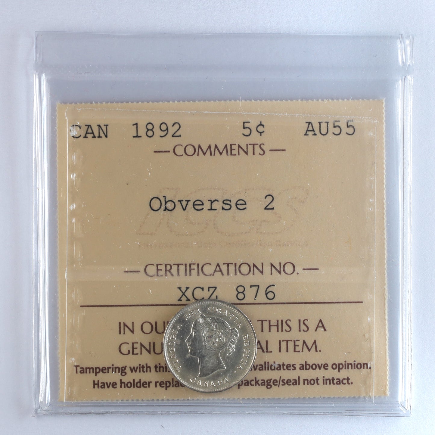 1892 Obv. 2 Canada 5-cents ICCS Certified AU55
