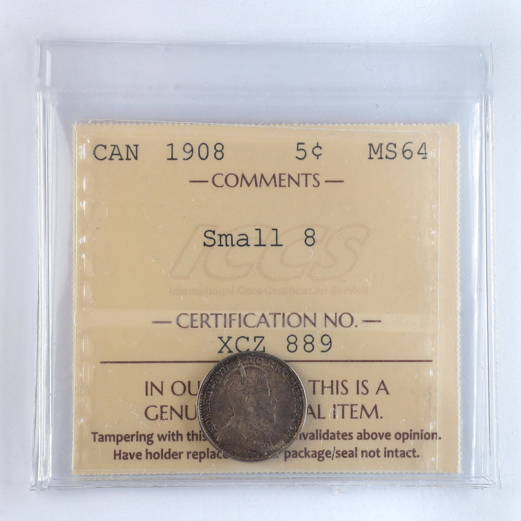 1908 Small 8 Canada 5-cents ICCS Certified MS64 (XCZ 889)