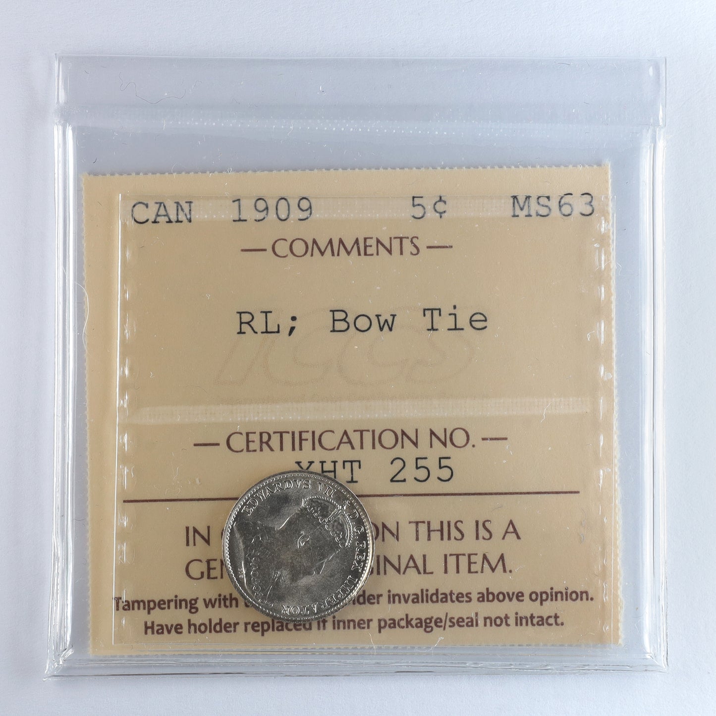1909 Round Leaves, Bow Tie Canada 5-cents ICCS Certified MS63 (XHT 255)