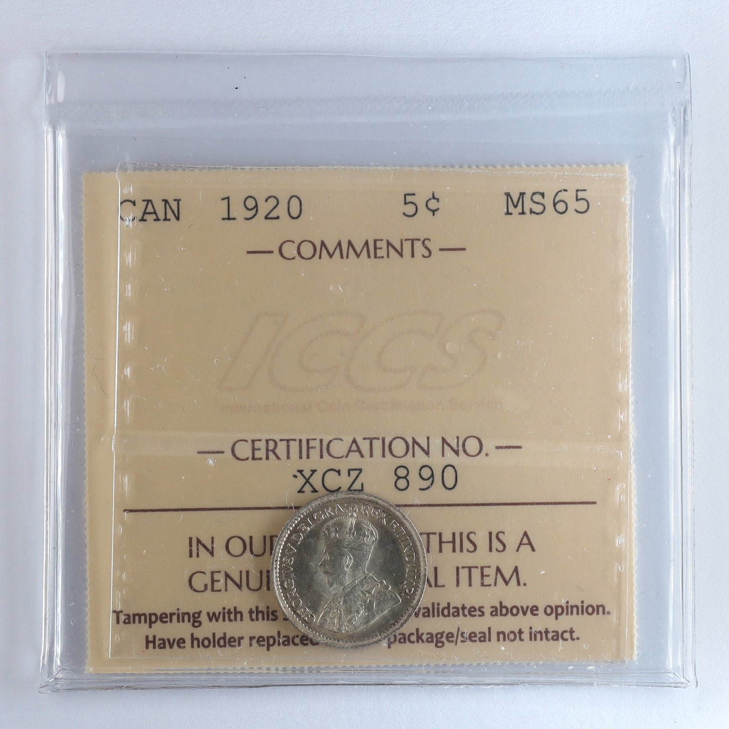 1920 Canada 5-cents ICCS Certified MS65 (XCZ 890)